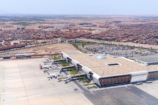 Marrakech Menara Airport is the main airport serving the popular tourist destination of Marrakech in central Morocco. Aerial view.