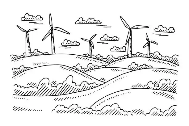 Vector illustration of Group Of Wind Turbines Landscape Drawing