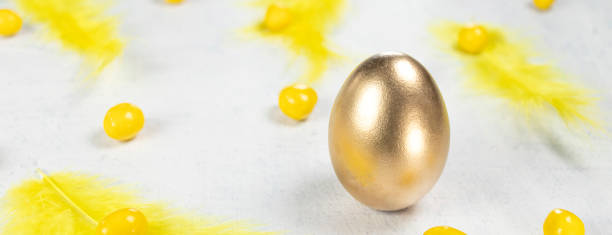 istock banner with golden egg on a white concrete background with yellow feathers and yellow chocolates in the shape of an egg. Happy Easter concept 1312491134