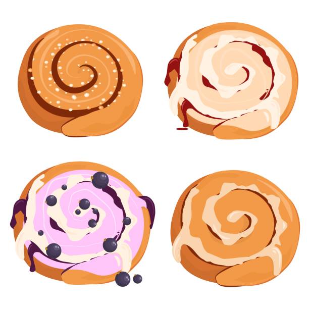 白い背景に隔離されたシナモンロールとクリームをテーマにしたベクトルイラストのセット - cinnamon bun icing pastry点のイラスト素材／クリップアート素材／マンガ素材／アイコン素材