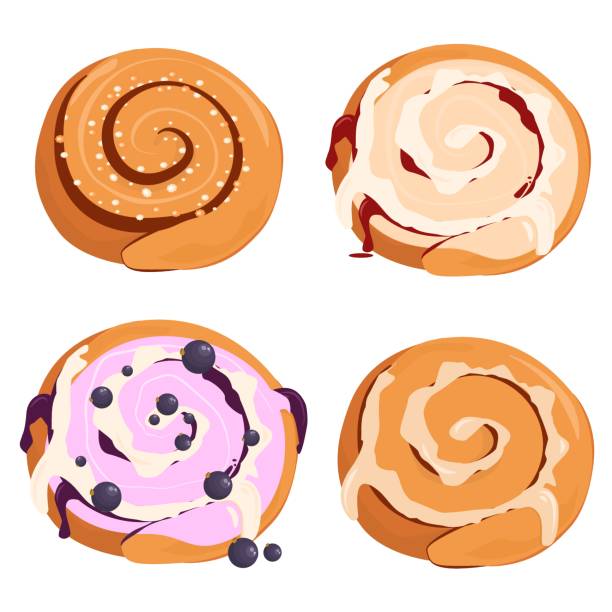 zestaw ilustracji wektorowych na temat bułek cynamonu i śmietany, wyizolowanych na białym tle - berry fruit currant dessert vector stock illustrations