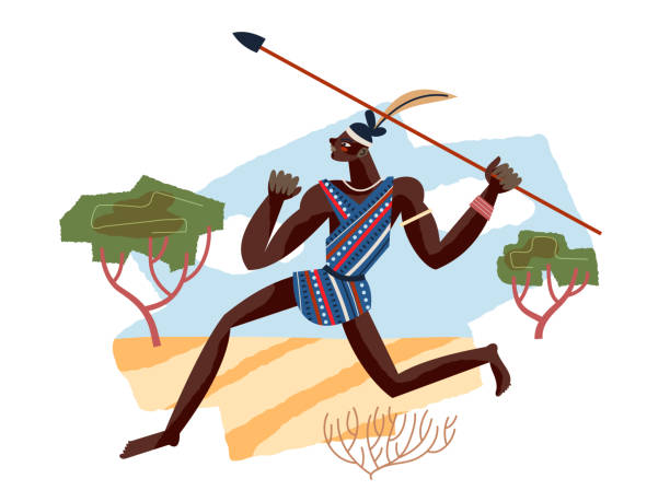 창으로 달리는 아프리카 부족 남자. 자연 벡터 일러스트레이션에서 화가 전사. 무기를 가진 젊은 남자. 전통적인 민족 요소, 배경에 나무와 모래정글 - loin cloth stock illustrations