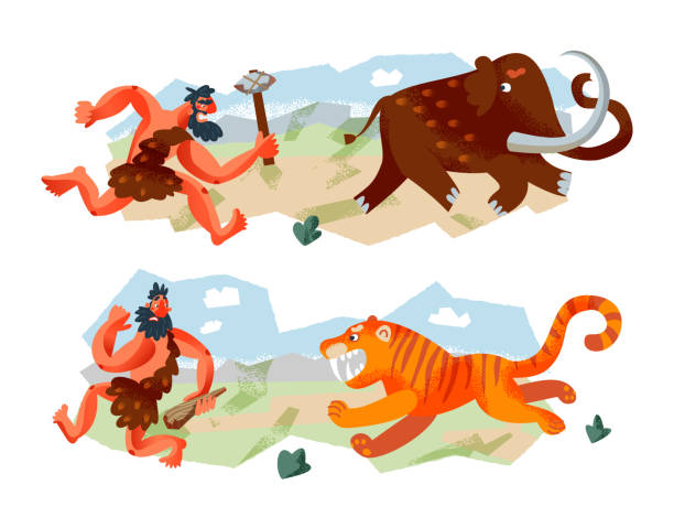 Cavemen hunting animals in Stone Age set. Prehistoric ancient history vector illustration. Men running after mammoth with axe, away from tiger. Savage hunters with animals in nature Cavemen hunting animals in Stone Age set. Prehistoric ancient history vector illustration. Men running after mammoth with axe, away from tiger. Savage hunters with animals in nature. animal sport stock illustrations