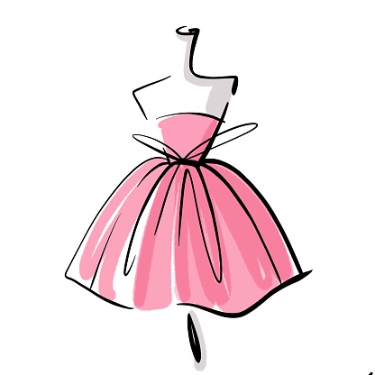 Pink dress on a mannequin. Linear graphics. Illustration on white background. For postcards and business cards