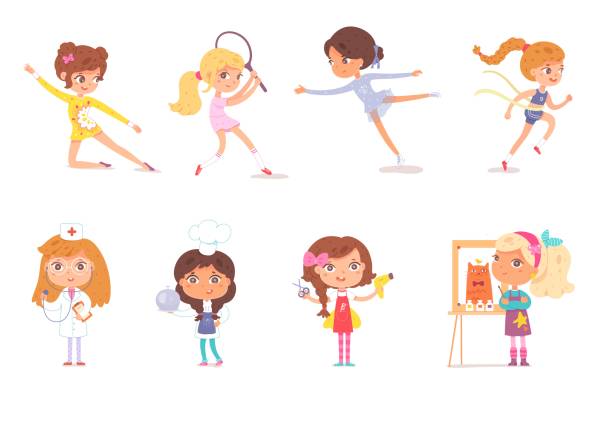 Girl professions and sports set. Kids with professional occupations vector illustration. Nurse, cook, painter, haidresser, sportswomen: gymnastics, tennis, figure skating, athletics Girl professions and sports set. Kids with professional occupations vector illustration. Nurse, cook, painter, haidresser, sportswomen: gymnastics, tennis, figure skating, athletics. skater girl stock illustrations