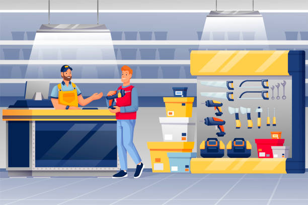 Man shopping in hardware shop. Salesman at counter selling drill to happy guy vector illustration. Tools and materials store interior design scene with toolkits, hammers, saws Man shopping in hardware shop. Salesman at counter selling drill to happy guy vector illustration. Tools and materials store interior design scene with toolkits, hammers, saws. hardware store stock illustrations
