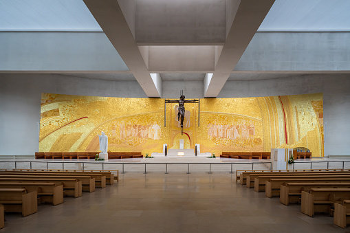 Fatima, Portugal - Feb 12, 2020: Basilica of the Most Holy Trinity Altar at Sanctuary of Fatima - Fatima, Portugal