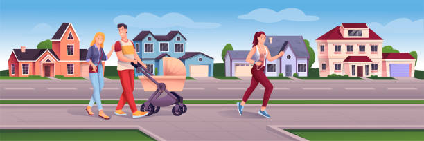 ludzie chodzą i biegają po podmiejskiej scenie pejzażu miejskiego. nowoczesne tło miasta. młoda dziewczyna jogging, mężczyzna i kobieta z ilustracją wektorową wózek. pozioma scena zewnętrzna - running jogging urban scene city life stock illustrations