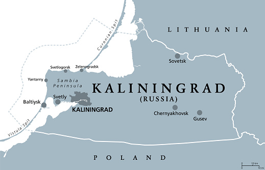 Kaliningrad Region, gray political map. Kaliningrad Oblast, federal subject and semi-enclave of Russia, located on the coast of Baltic Sea, with administrative centre Kaliningrad. Illustration. Vector