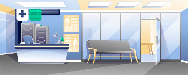 Waiting room in hospital background. Receptionist desk with computer, lamp, drawers, sofa for patients, door to medical cabinet vector illustration. Professional health care scene Waiting room in hospital background. Receptionist desk with computer, lamp, drawers, sofa for patients, door to medical cabinet vector illustration. Professional health care scene. lobby office stock illustrations