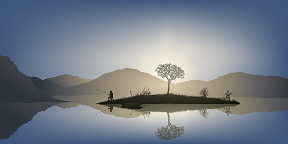 Concept of peace and quiet with a man angling on a small island in the middle of a pond, surrounded by mountains