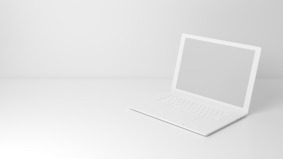 Notebook is placed on the right side, there is an empty space on the left. 3D Render