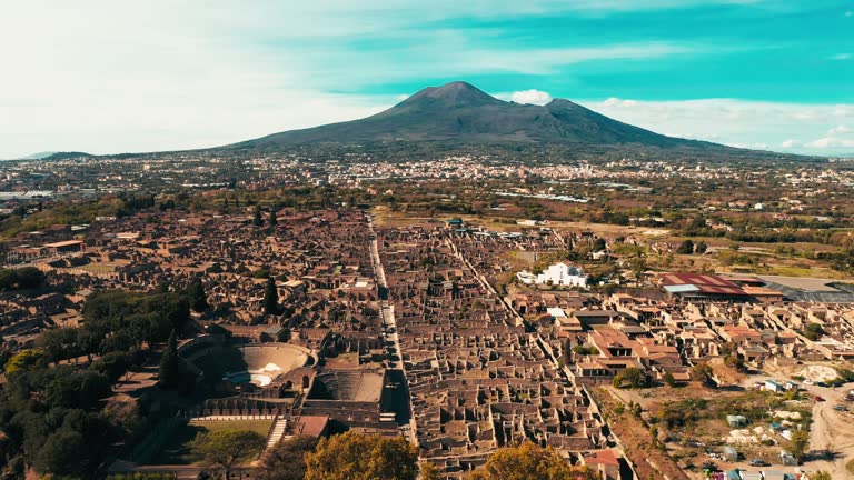 AERIAL Famous ancient Roman city - Pompeii and Mt Vesuvius