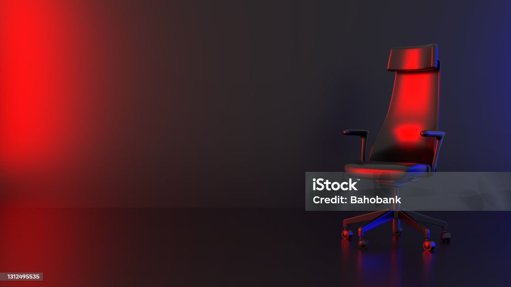The black gaming chair and the black backdrops feature red and blue lights, and have space for lettering. 3D Render Ergonomics Stock Photo