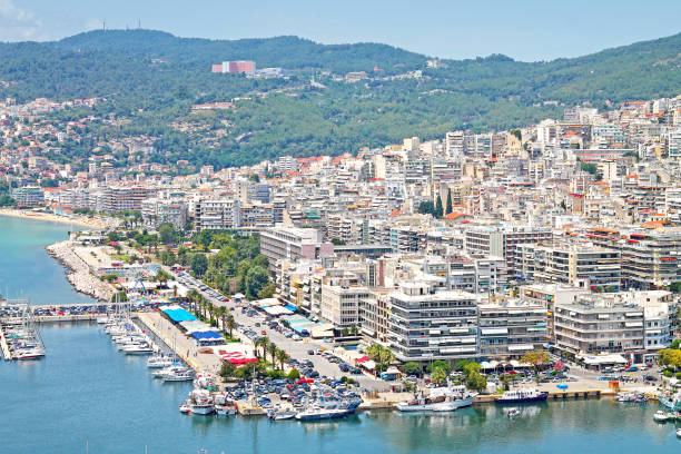 Panoramic view the city of Kavala with marina. stock photo