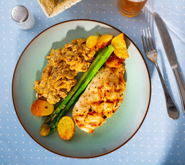 Baked chicken breast served with potatoes and mushrooms
