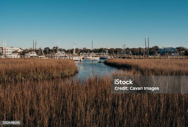 Water Marsh View With Boats And Boardwalk With Sunny Sky Stock Photo - Download Image Now