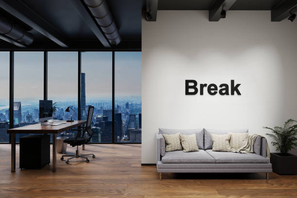 istock modern luxury loft with skyline view and vintage couch, wall with break lettering timeout relax concept, 3D Illustration 1312498840