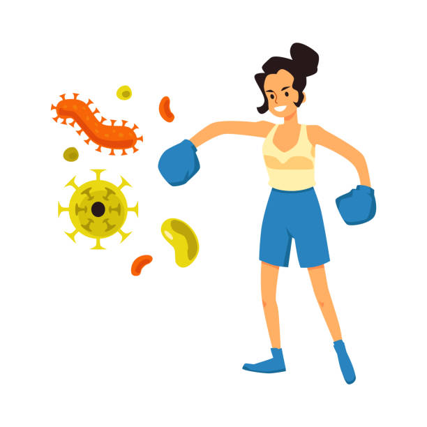 женщина в боксерских перчатках борьбы с вирусами, мультфильм вектор иллюстрации изолированы. - immune defence stock illustrations