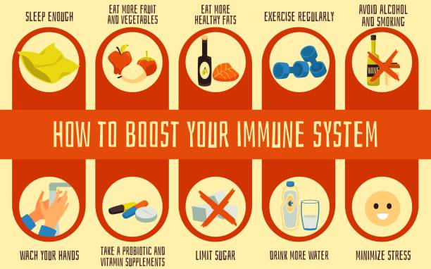 здоровые привычки для повышения иммунной системы и профилактики от болезней - immune defence stock illustrations