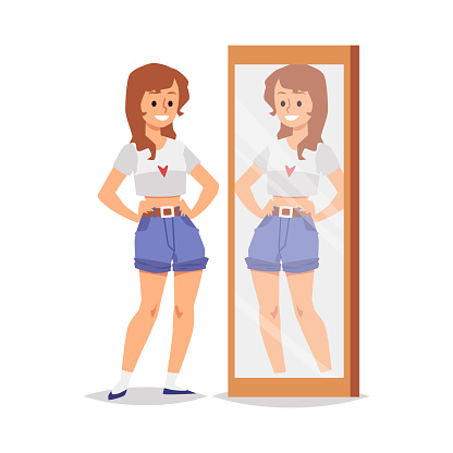 Smiling Positive Girl Looks At Her Reflection In The Mirror And Self  Acceptance Stock Illustration - Download Image Now - iStock