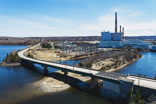 Aerial view of a coal fired power generating station.
