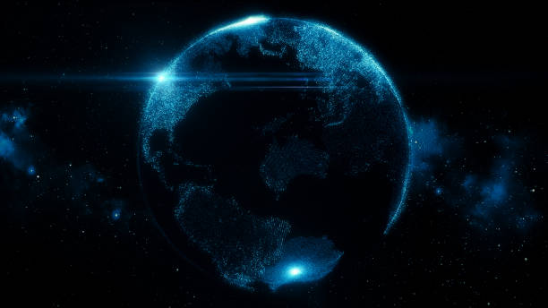 istock Digital world graphic effect glow light on star background with 3d rendering. 1312502169