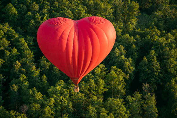 a red heart-shaped balloon flies in the air against the background of a green forest. view from above - inflating balloon blowing air imagens e fotografias de stock