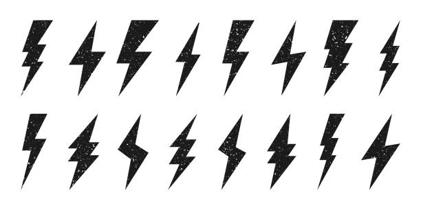 ilustrações, clipart, desenhos animados e ícones de ícones de relâmpago com textura grunge isolados no fundo branco. símbolo de flash vintage, raio. simples sinal de relâmpago. ilustração vetorial - pino de boliche