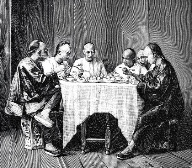 çin, masada yemek yiyen insanlar - çin cumhuriyeti illüstrasyonlar stock illustrations
