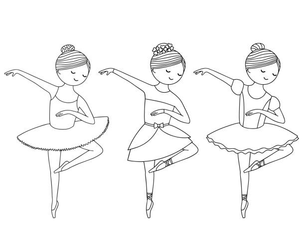 ilustrações, clipart, desenhos animados e ícones de conjunto de imagens de contorno em um fundo branco. linda bailarina em sapatos de ponta e vestido. - ballet little girls child fairy
