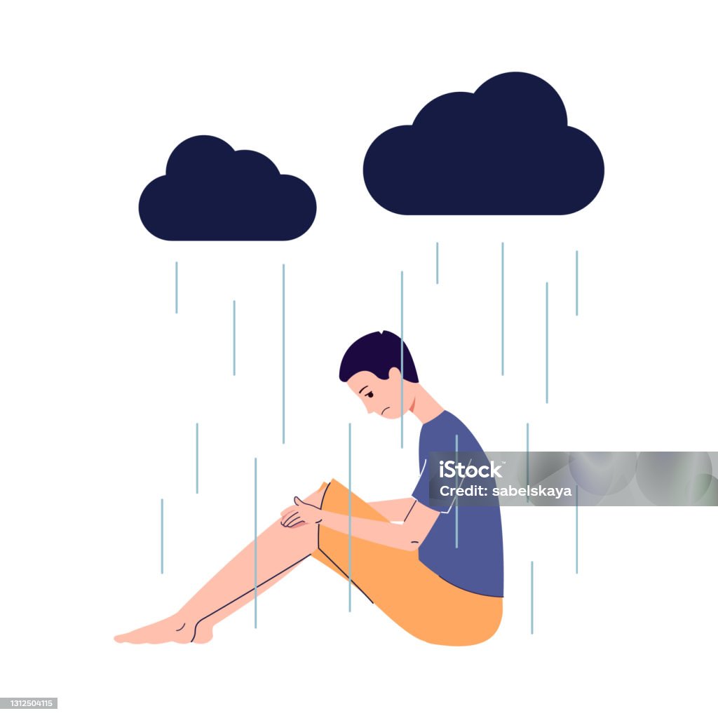 Cabeça humana fofa e triste de perfil com nuvem de chuva dentro