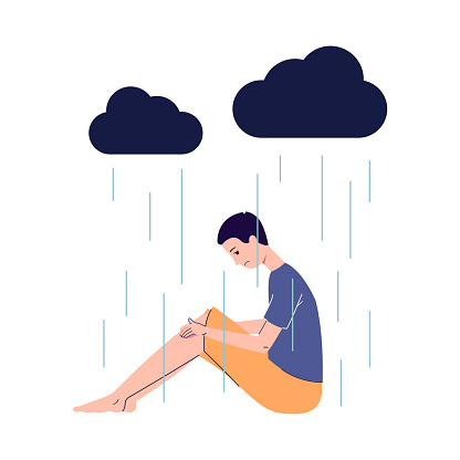 Sad Man With Depression Sitting Under Rain Cloud Cartoon Person Stock  Illustration - Download Image Now - iStock