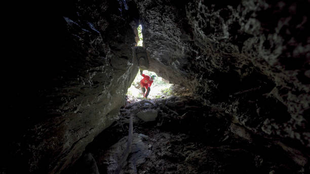 istock Cave explorer with headlamp discovers rare organisms 1312504899