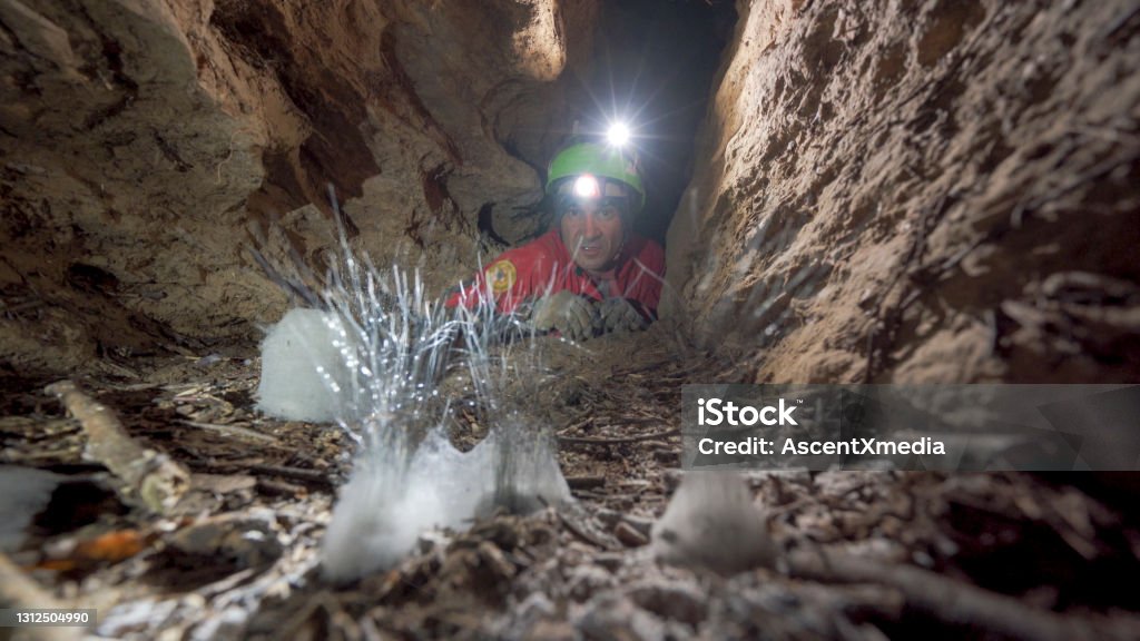 Cave explorer with headlamp discovers rare organisms Stalagmites and stalactites Fungus Stock Photo