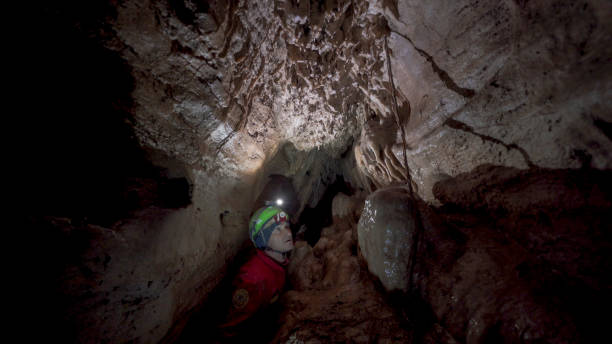 istock Cave explorer with headlamp discovers rare organisms 1312505039