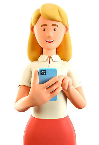 3D illustration of beautiful blonde woman looking at smartphone and chatting. Cartoon smiling businesswoman talking and typing on the phone. Social networks communication, mobile connection.