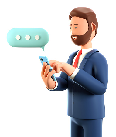 3D illustration of bearded man chatting on the smartphone with speech bubble. Cute cartoon smiling businessman talking and typing on the phone. Communication in social networking, mobile connection.