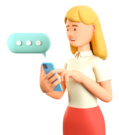3D illustration of beautiful blond woman chatting on the smartphone with speech bubble. Cartoon smiling businesswoman talking and typing on the phone. Social networks communication, mobile connection