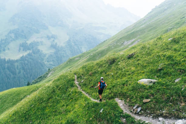 istock Cross-country runner descends mountain trail 1312506397