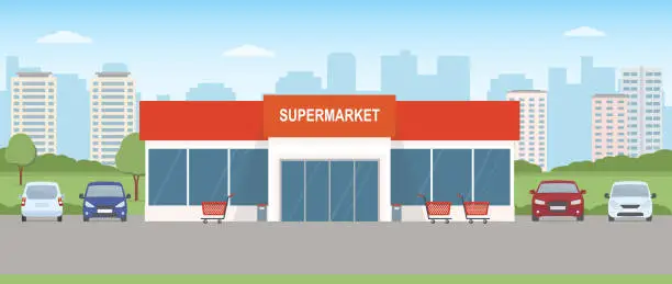 Vector illustration of Supermarket building with parking lot. Urban landscape.