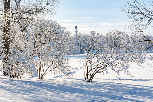 Saint Petersburg, Russia - February 2021: Winter in Catherine park, Tsarskoe Selo (Pushkin)