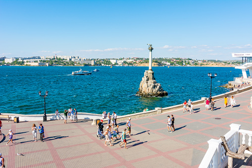 Sevastopol, Crimea - August 2020: Monument to Sunken Ships and Sevastopol embankment