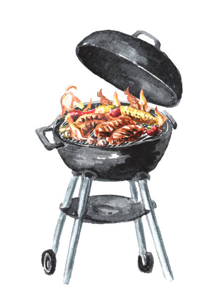 illustrations, cliparts, dessins animés et icônes de barbecue avec un assortiment de viande et de légumes. illustration dessinée à la main d’aquarelle, d’isolement sur le fond blanc - white meat grilled barbecue chicken