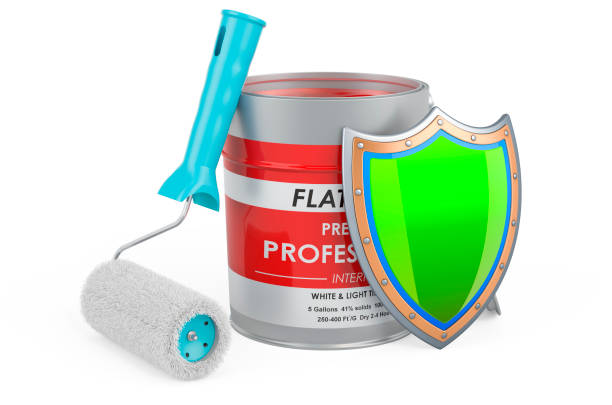 istock Paint can and roller brush, with shield, 3D rendering isolated on white background 1312516188