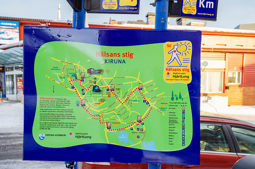 Kiruna, Sweden  April 12, 2021 A map in Swedish of Kiruna showing a suggestion to a walking route.