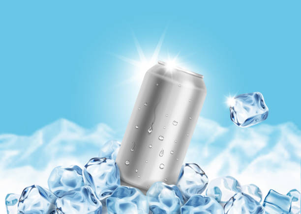 Aluminum Tin Can with ice cubes on blue background. Blank metallic can drink soda juice packaging empty mock up Aluminum Tin Can with ice cubes on blue background. Blank metallic can drink beer soda water juice packaging empty mock up. beer brands stock illustrations
