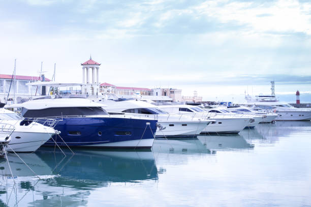istock Marina with yachts, small port. Light blue toned image 1312520212