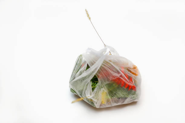 istock DEFOCUS. Plastic packaging. Red and green plants flowers in a plastic bag on a white background. A dry blade of grass sticks out. Ecological problems. Out of focus 1312520733