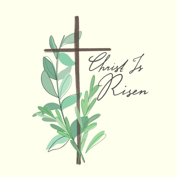 Christian cross with the inscription. Green blossoming branch. Easter holiday background Christian cross with the inscription. Green blossoming branch. Easter holiday background. Delicate illustration on a beige background church borders stock illustrations